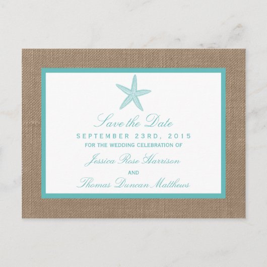Turquoise Starfish Burlap Beach Wedding Collectie Aankondigingskaart (Voorkant)