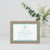Turquoise Starfish Burlap Beach Wedding Collectie Aankondigingskaart (Staand voorkant)