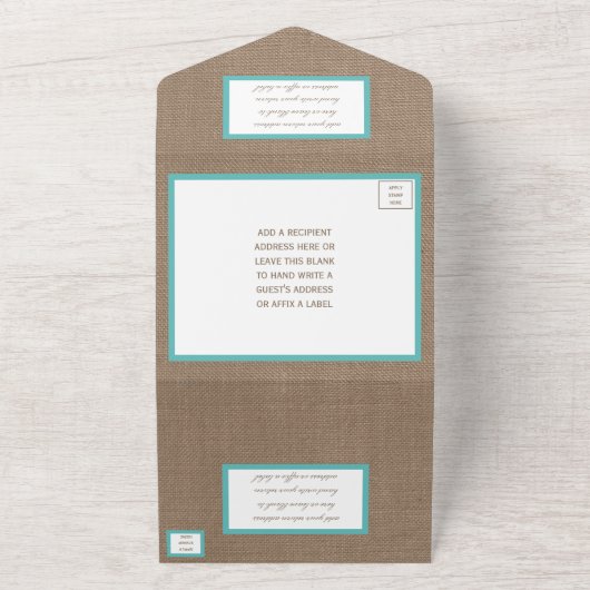 Turquoise Starfish Burlap Beach Wedding Collectie All In One Uitnodiging (Buitenkant)