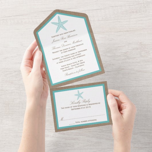 Turquoise Starfish Burlap Beach Wedding Collectie All In One Uitnodiging (Afscheurbaar)