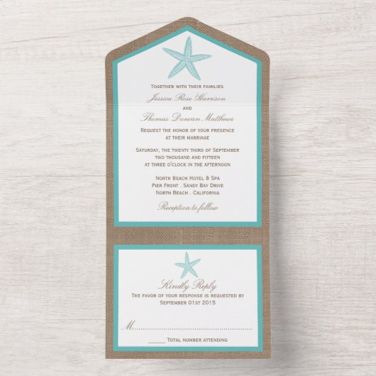 Turquoise Starfish Burlap Beach Wedding Collectie All In One Uitnodiging (Binnen)