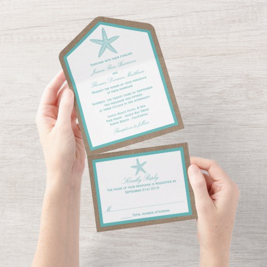 Turquoise Starfish Burlap Beach Wedding Collectie All In One Uitnodiging (Afscheurbaar)