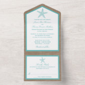 Turquoise Starfish Burlap Beach Wedding Collectie All In One Uitnodiging (Binnen)