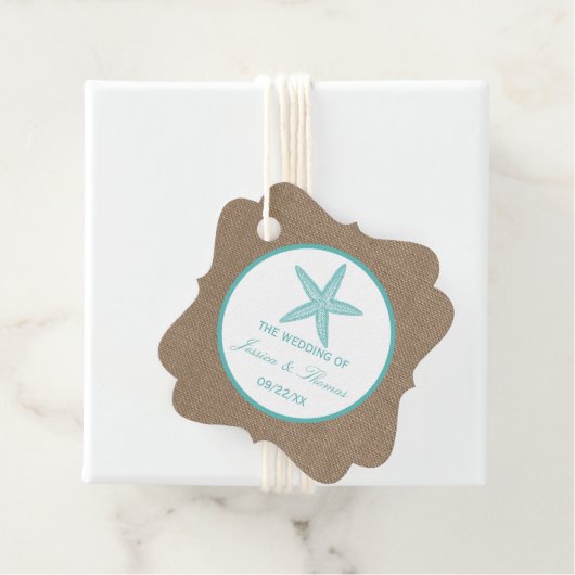 Turquoise Starfish Burlap Beach Wedding Collectie Bedankjes Labels (In situ)