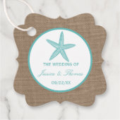 Turquoise Starfish Burlap Beach Wedding Collectie Bedankjes Labels (Voorkant)