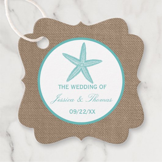 Turquoise Starfish Burlap Beach Wedding Collectie Bedankjes Labels (Voorkant)