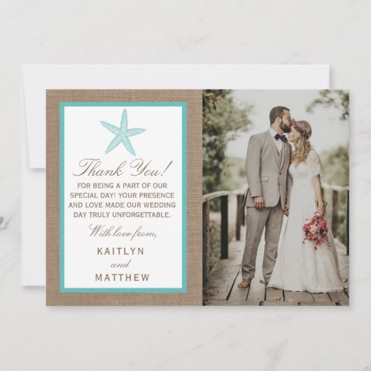Turquoise Starfish Burlap Beach Wedding Collectie Bedankkaart (Voorkant)