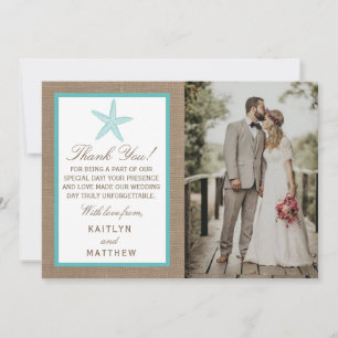 Turquoise Starfish Burlap Beach Wedding Collectie Bedankkaart