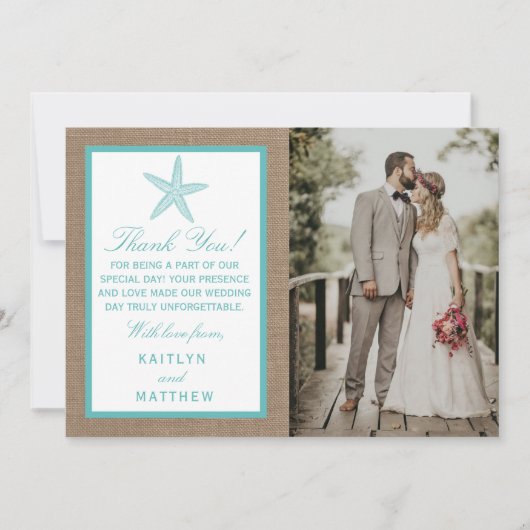 Turquoise Starfish Burlap Beach Wedding Collectie Bedankkaart (Voorkant)