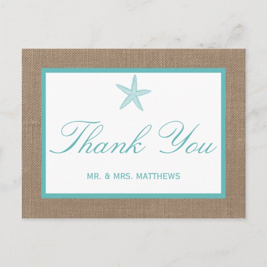Turquoise Starfish Burlap Beach Wedding Collectie Briefkaart (Voorkant)
