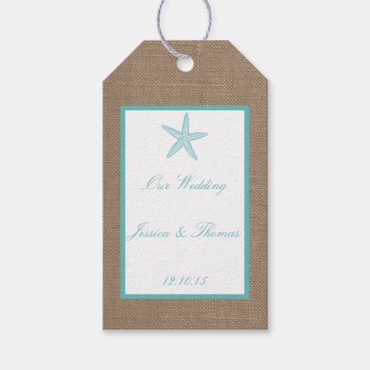 Turquoise Starfish Burlap Beach Wedding Collectie Cadeaulabel (Voorkant)