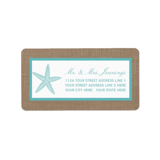 Turquoise Starfish Burlap Beach Wedding Collectie Etiket (Voorkant)
