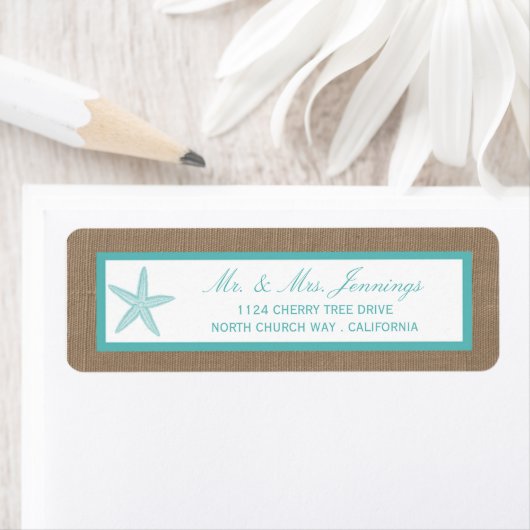 Turquoise Starfish Burlap Beach Wedding Collectie Etiket (Insitu)