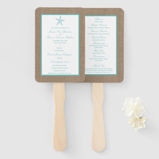 Turquoise Starfish Burlap Beach Wedding Collectie Handwaaier (Voorkant en achterkant)