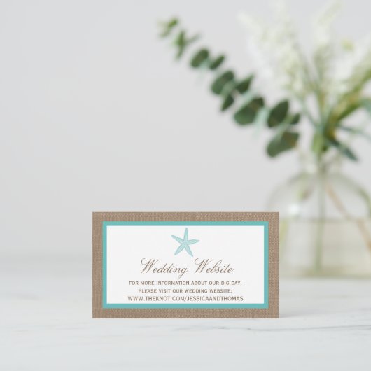 Turquoise Starfish Burlap Beach Wedding Collectie Informatiekaartje (Staand voorkant)