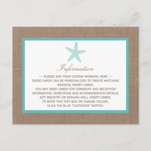 Turquoise Starfish Burlap Beach Wedding Collectie Informatiekaartje (Voorkant)
