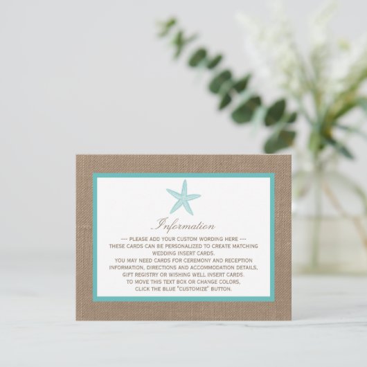 Turquoise Starfish Burlap Beach Wedding Collectie Informatiekaartje (Staand voorkant)