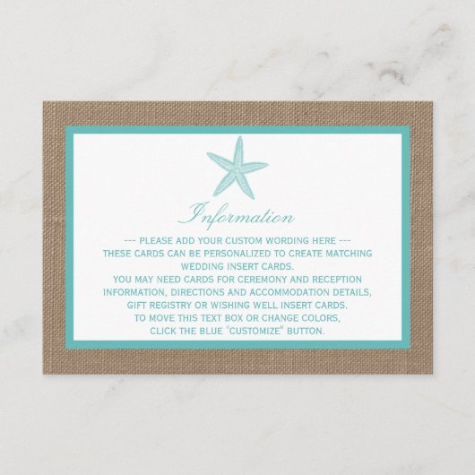 Turquoise Starfish Burlap Beach Wedding Collectie Informatiekaartje (Voorkant)