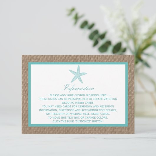 Turquoise Starfish Burlap Beach Wedding Collectie Informatiekaartje (Staand voorkant)