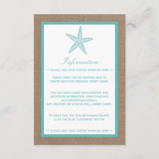 Turquoise Starfish Burlap Beach Wedding Collectie Informatiekaartje (Voorkant)