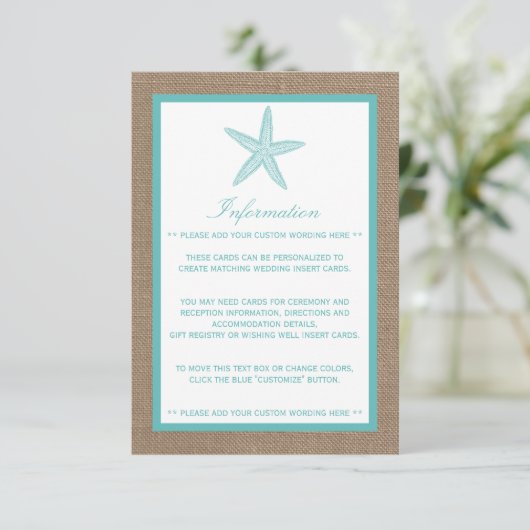 Turquoise Starfish Burlap Beach Wedding Collectie Informatiekaartje (Staand voorkant)