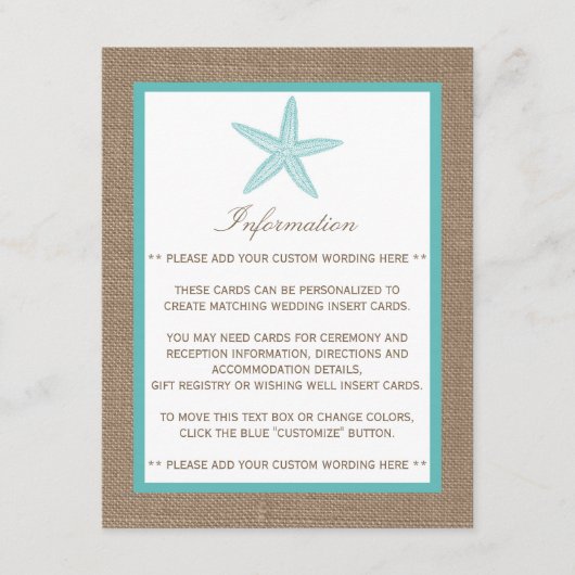 Turquoise Starfish Burlap Beach Wedding Collectie Informatiekaartje (Voorkant)