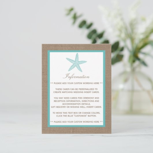 Turquoise Starfish Burlap Beach Wedding Collectie Informatiekaartje (Staand voorkant)
