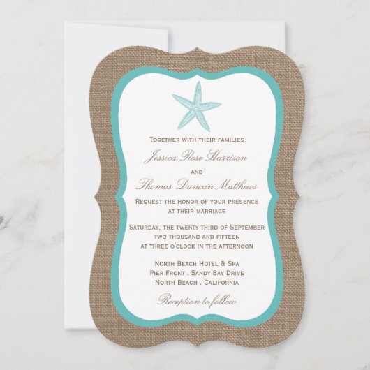 Turquoise Starfish Burlap Beach Wedding Collectie Kaart (Voorkant)