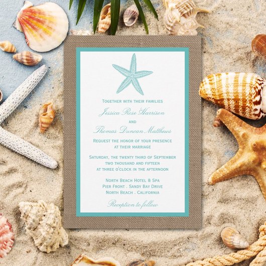 Turquoise Starfish Burlap Beach Wedding Collectie Kaart