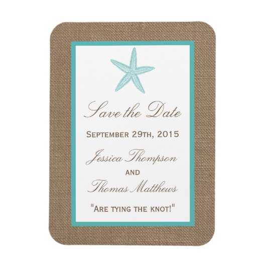 Turquoise Starfish Burlap Beach Wedding Collectie Magneet (Verticaal)