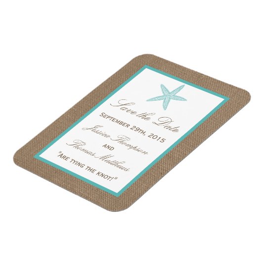 Turquoise Starfish Burlap Beach Wedding Collectie Magneet (Linkerzijde)