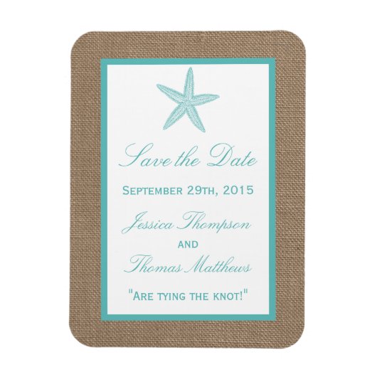 Turquoise Starfish Burlap Beach Wedding Collectie Magneet (Verticaal)