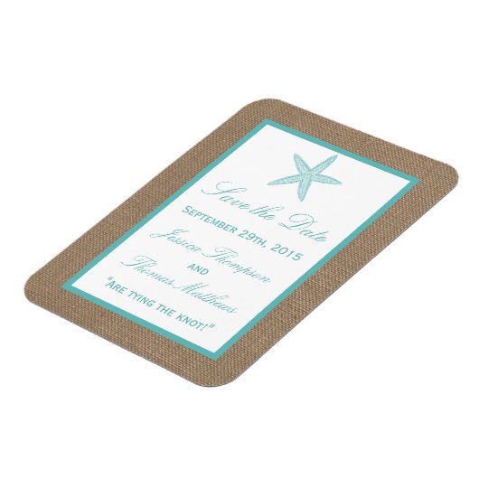 Turquoise Starfish Burlap Beach Wedding Collectie Magneet (Linkerzijde)