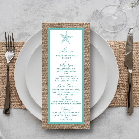 Turquoise Starfish Burlap Beach Wedding Collectie Menu