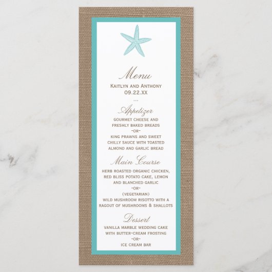 Turquoise Starfish Burlap Beach Wedding Collectie Menu (Voorkant)