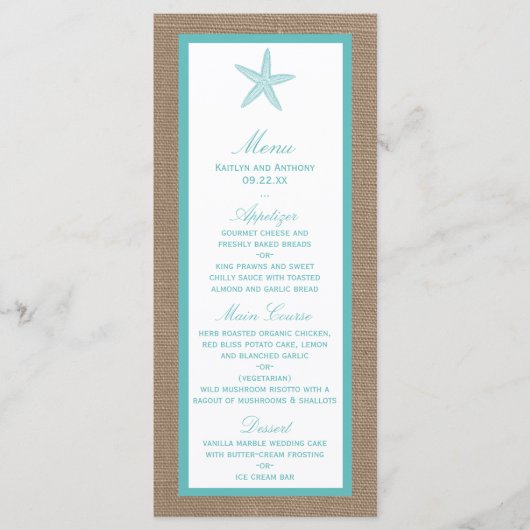 Turquoise Starfish Burlap Beach Wedding Collectie Menu (Voorkant)