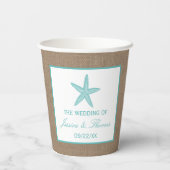 Turquoise Starfish Burlap Beach Wedding Collectie Papieren Bekers (Achterkant)