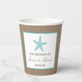 Turquoise Starfish Burlap Beach Wedding Collectie Papieren Bekers (Voorkant)