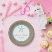 Turquoise Starfish Burlap Beach Wedding Collectie Papieren Bordje (Feest)