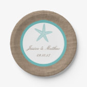 Turquoise Starfish Burlap Beach Wedding Collectie Papieren Bordje (Voorkant)
