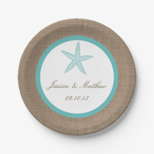 Turquoise Starfish Burlap Beach Wedding Collectie Papieren Bordje