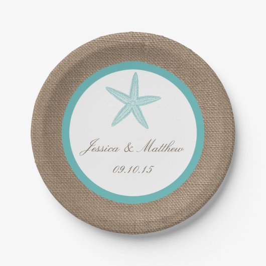 Turquoise Starfish Burlap Beach Wedding Collectie Papieren Bordje (Voorkant)