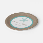 Turquoise Starfish Burlap Beach Wedding Collectie Papieren Bordje (Gekanteld)