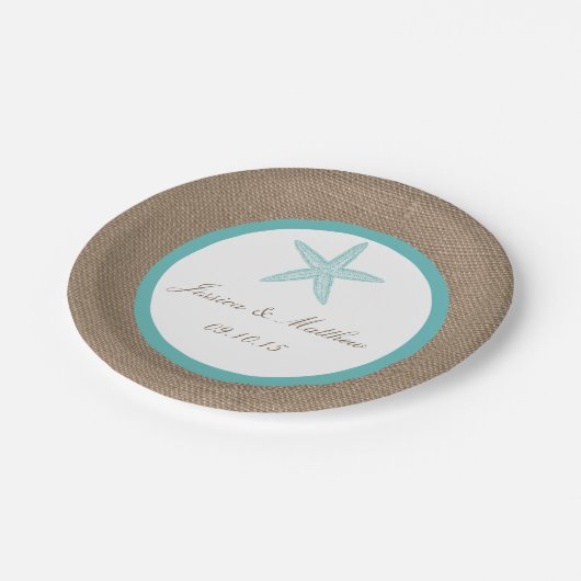 Turquoise Starfish Burlap Beach Wedding Collectie Papieren Bordje (Gekanteld)