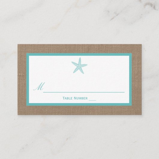 Turquoise Starfish Burlap Beach Wedding Collectie Plaatskaartje (Voorkant)