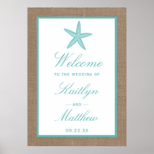 Turquoise Starfish Burlap Beach Wedding Collectie Poster
