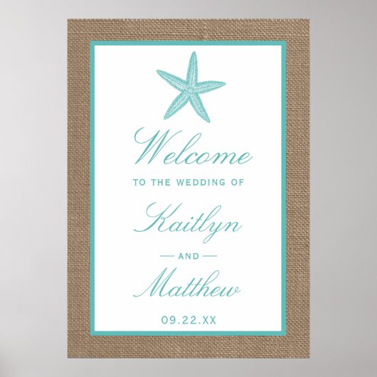 Turquoise Starfish Burlap Beach Wedding Collectie Poster (Voorkant)