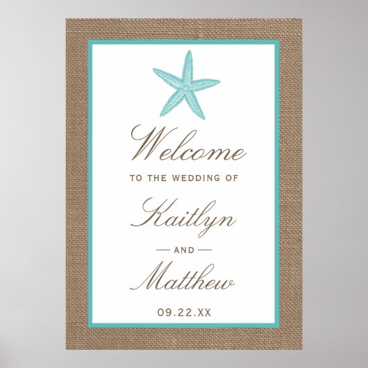 Turquoise Starfish Burlap Beach Wedding Collectie Poster (Voorkant)