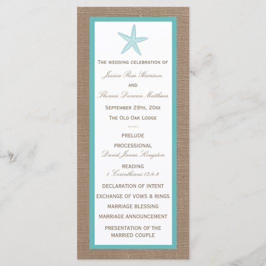 Turquoise Starfish Burlap Beach Wedding Collectie Programmakaart (Voorkant)