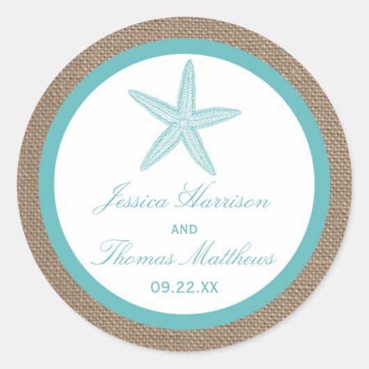 Turquoise Starfish Burlap Beach Wedding Collectie Ronde Sticker (Voorkant)